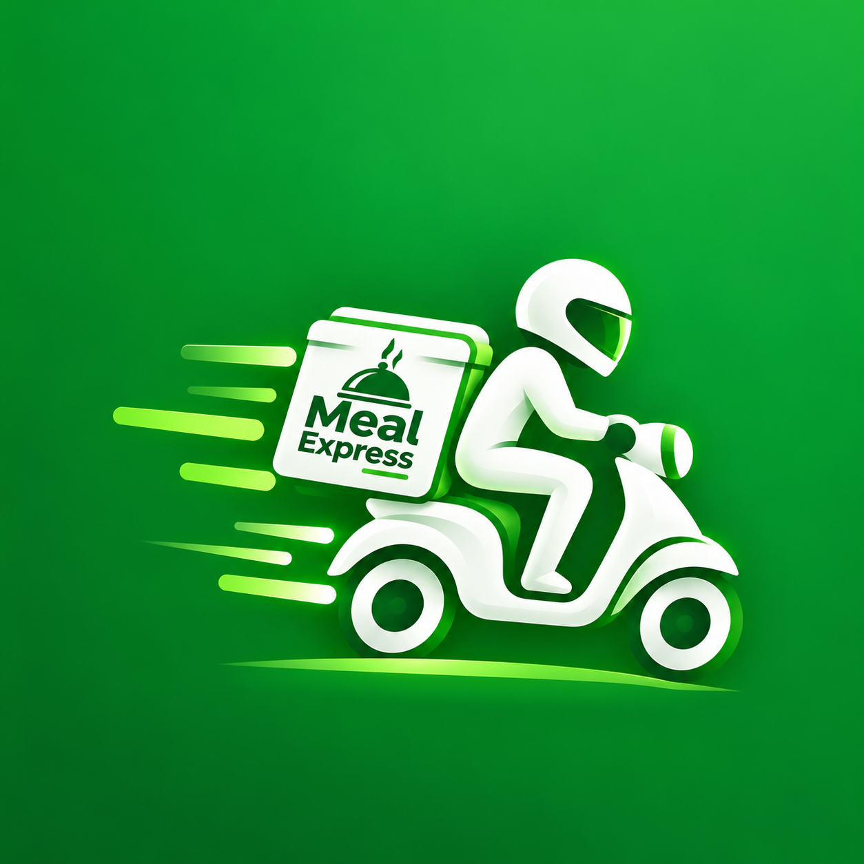 Meal Express white scooter delivery rider with food box on green background